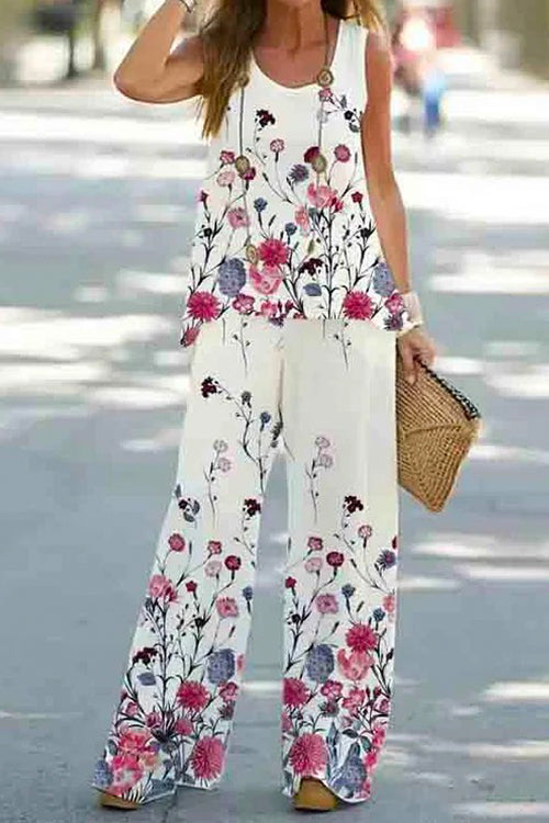 Margovil Sleeveless Tank Top Wide Leg Pants Floral Print Two Pieces