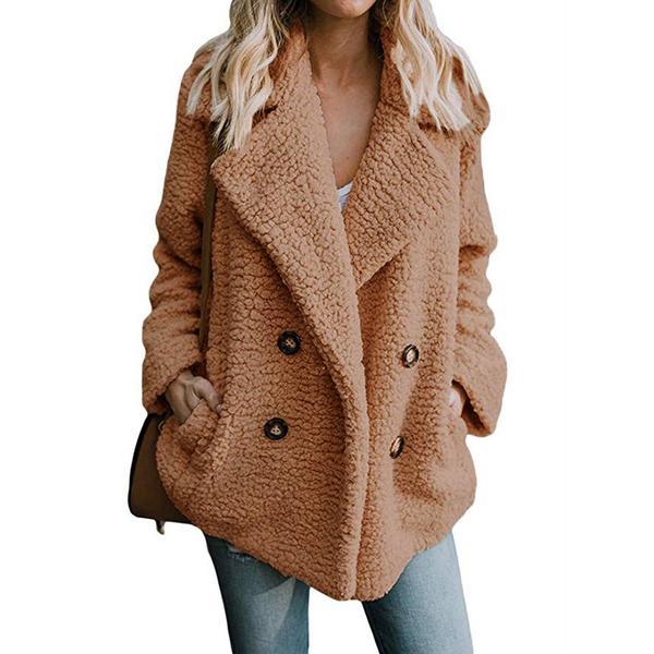 Double Breast Lapel Solid Color Women Teddy Coat Peacoat