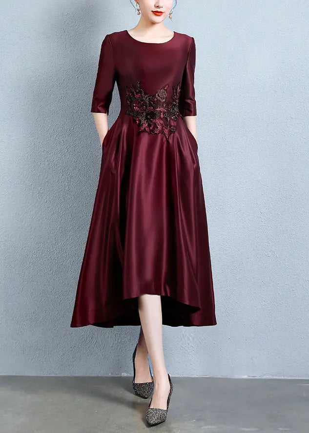 Italian Wine Red Embroidered Pockets Patchwork Silk Dress Half Sleeve Ada Fashion