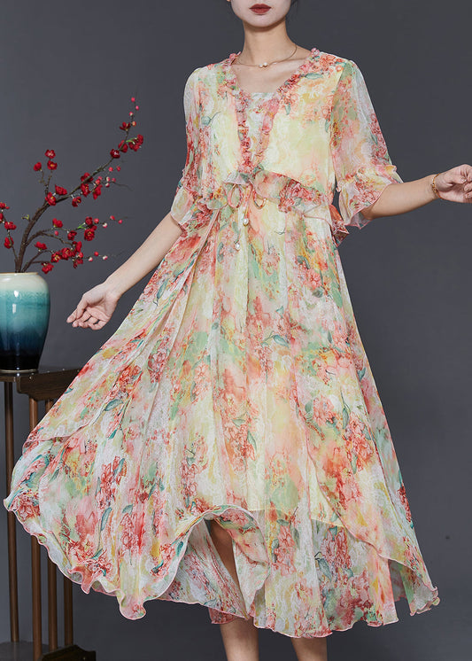 Yellow Print Chiffon Cinched Dress Ruffled Summer SD1020 Ada Fashion