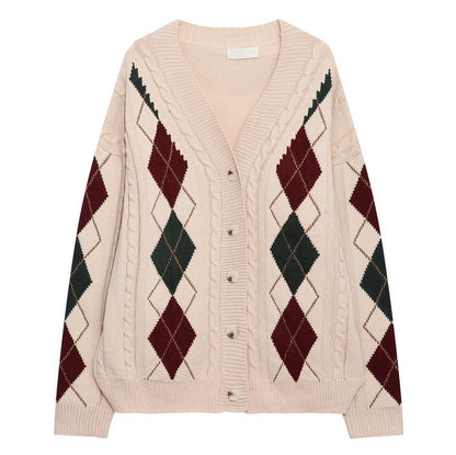 beige argyle pattern cardigan sweater boogzel clothing - aesthetic outfits