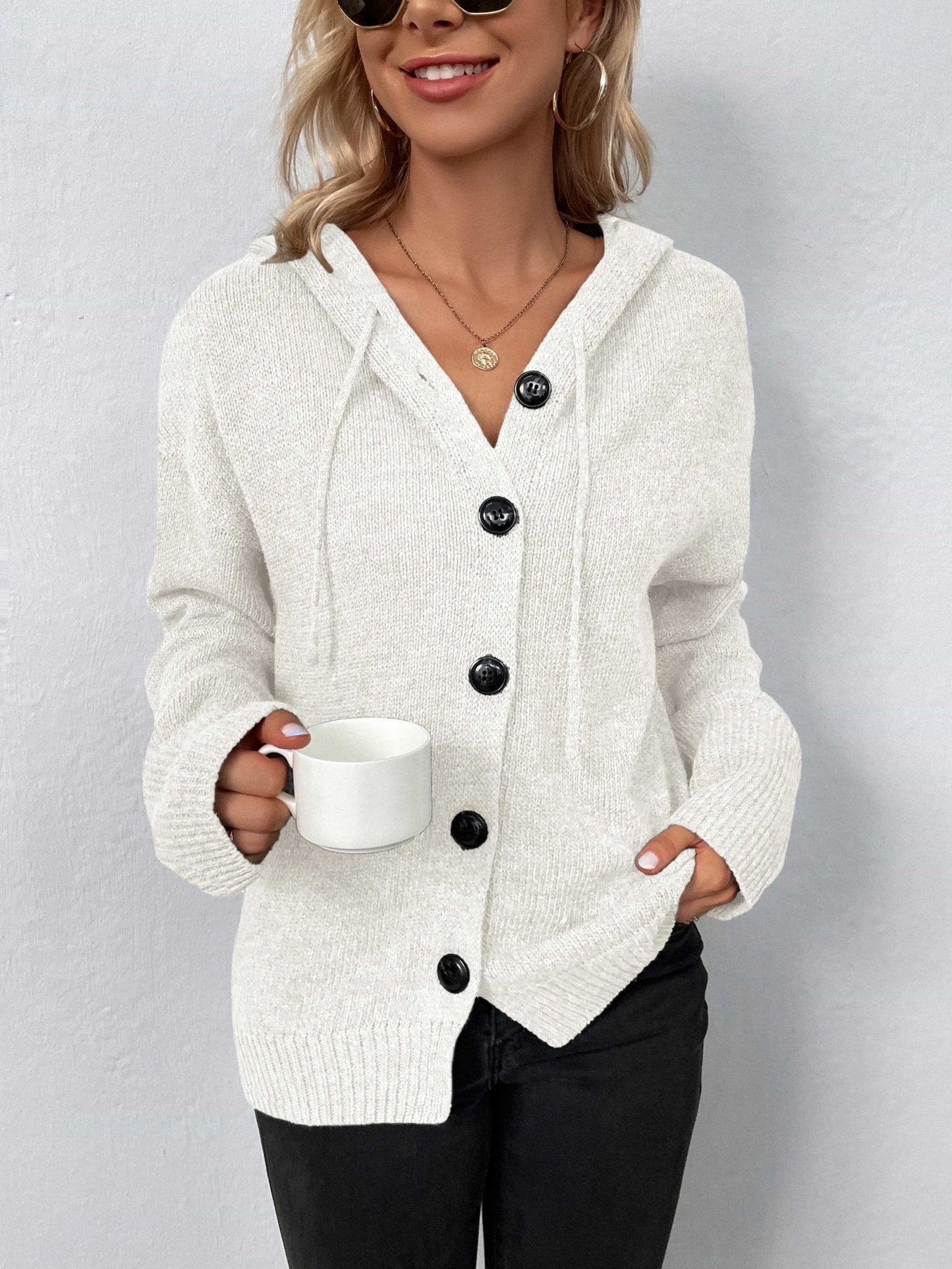 Button - Down Long Sleeve Hooded Sweater - Admiresty