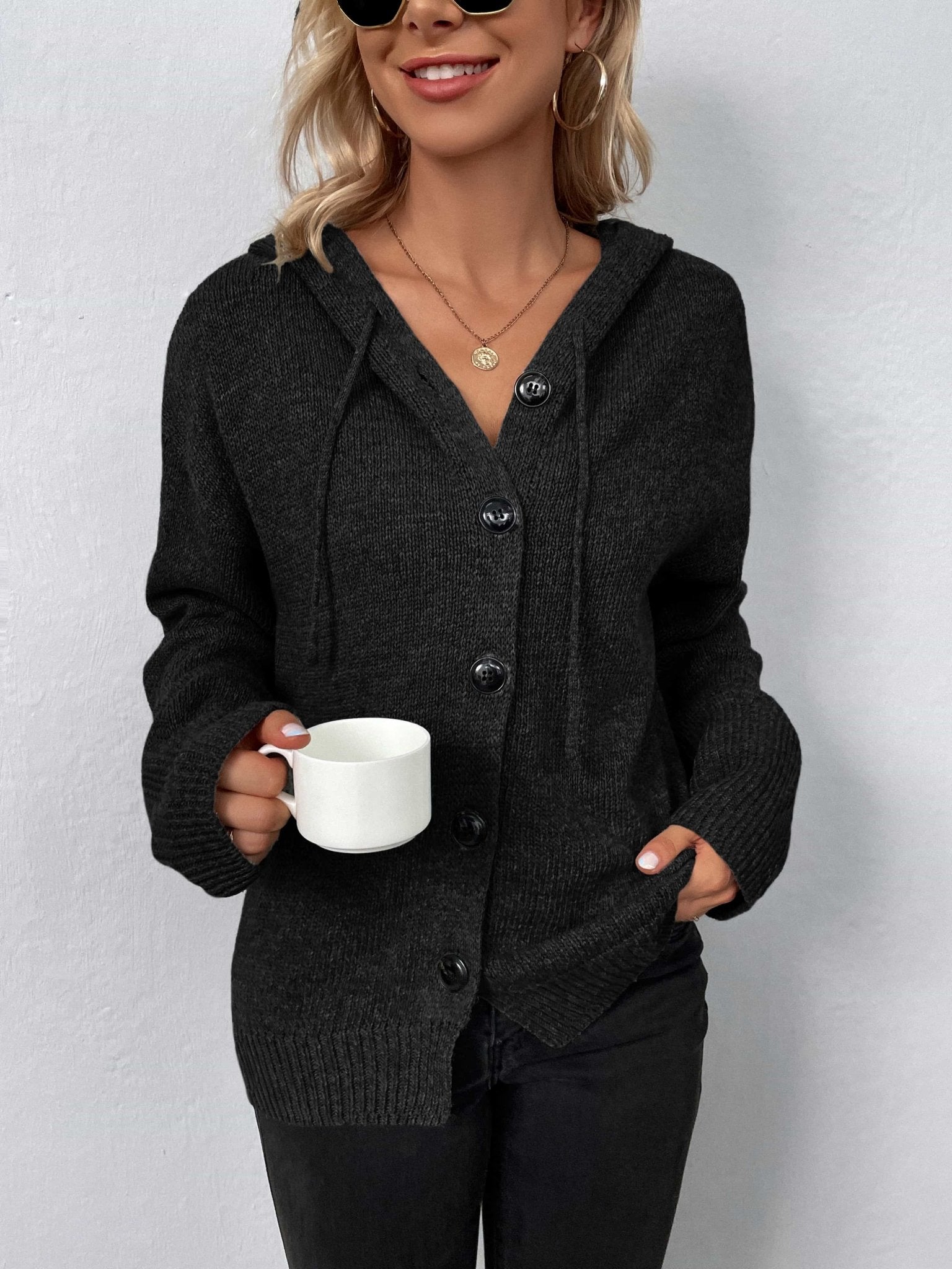 Button - Down Long Sleeve Hooded Sweater - Admiresty