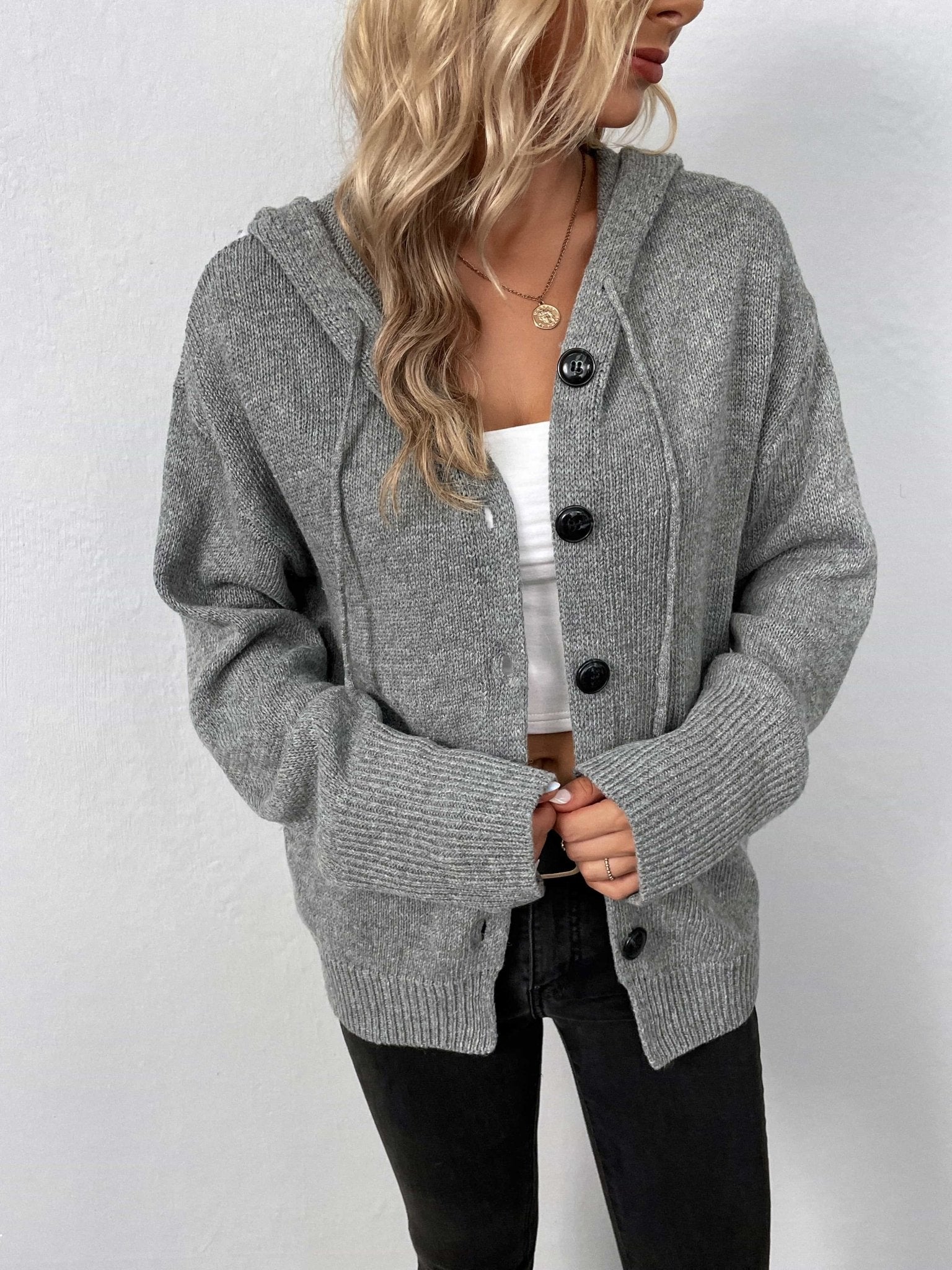 Button - Down Long Sleeve Hooded Sweater - Admiresty