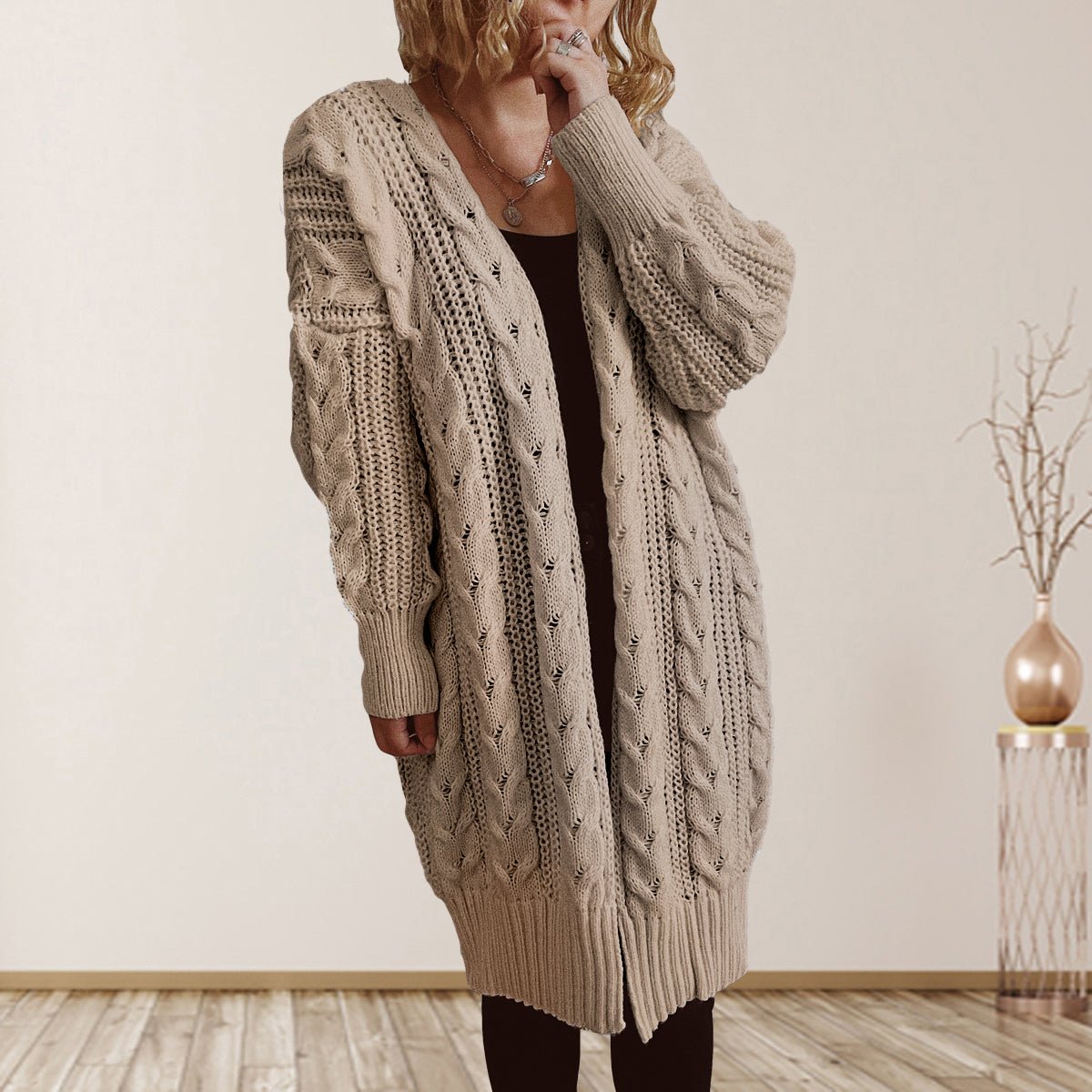 Cable - Knit Open Front Dropped Shoulder Cardigan - Admiresty