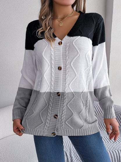 Cable - Knit Striped Button Up Cardigan - Admiresty