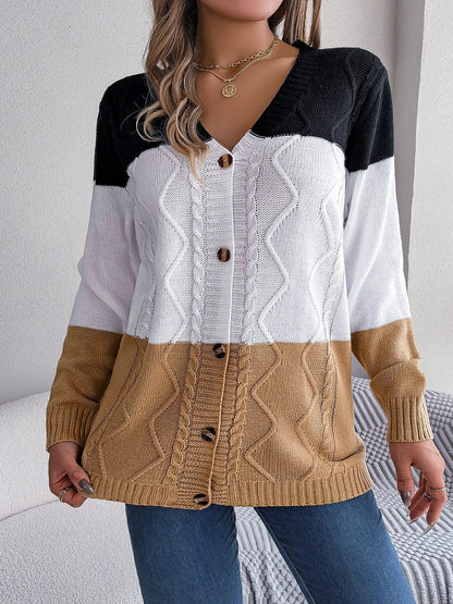 Cable - Knit Striped Button Up Cardigan - Admiresty