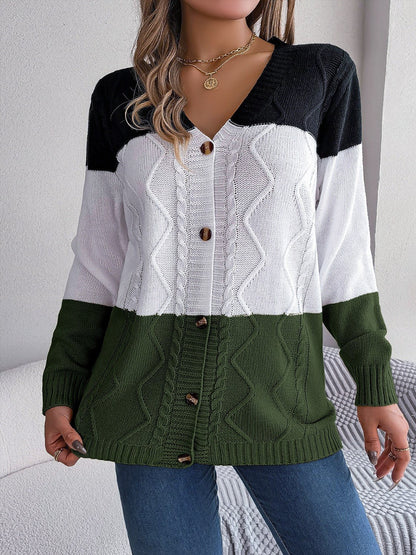 Cable - Knit Striped Button Up Cardigan - Admiresty