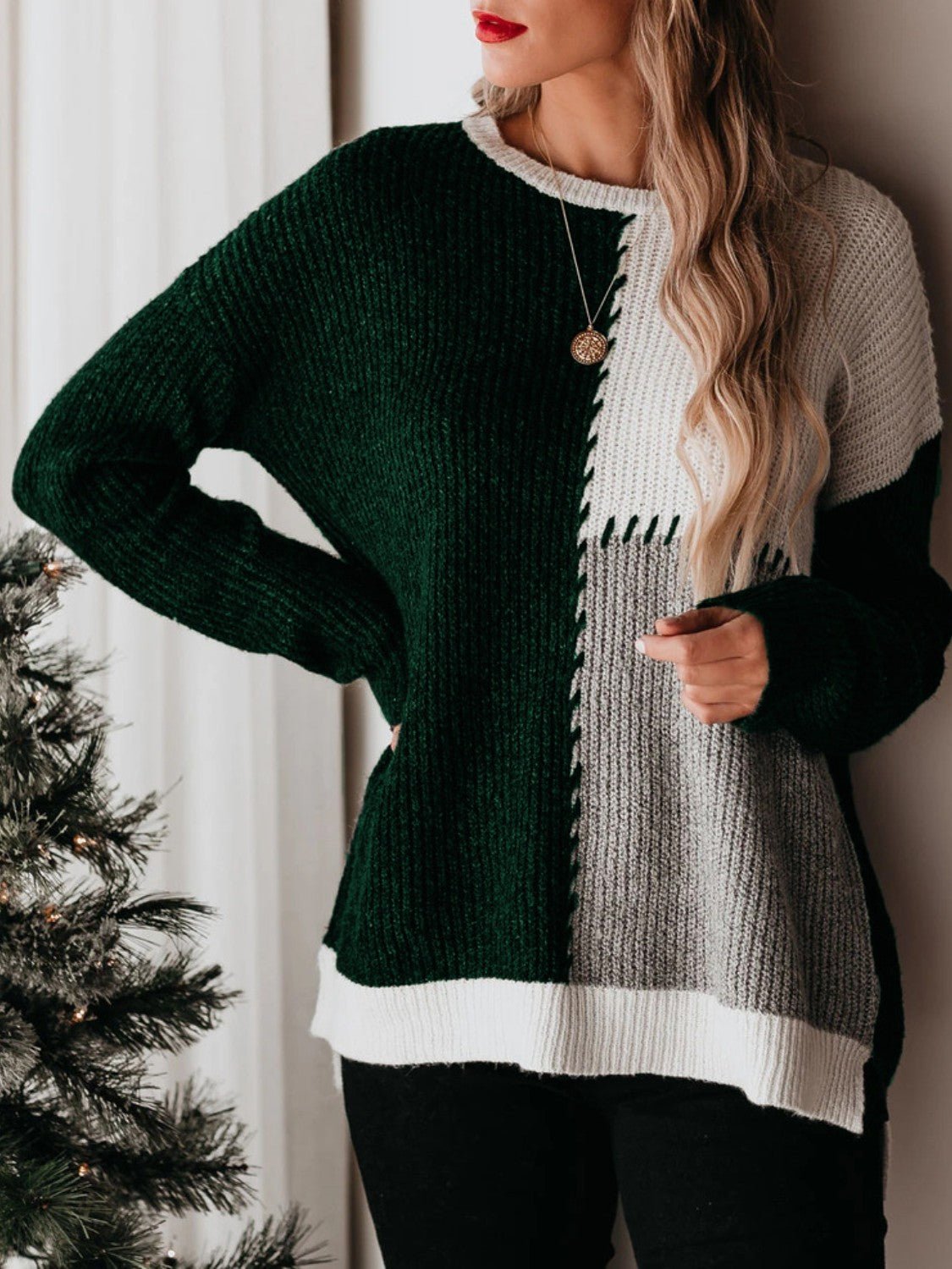 Color Block Round Neck Long Sleeve Sweater - Admiresty