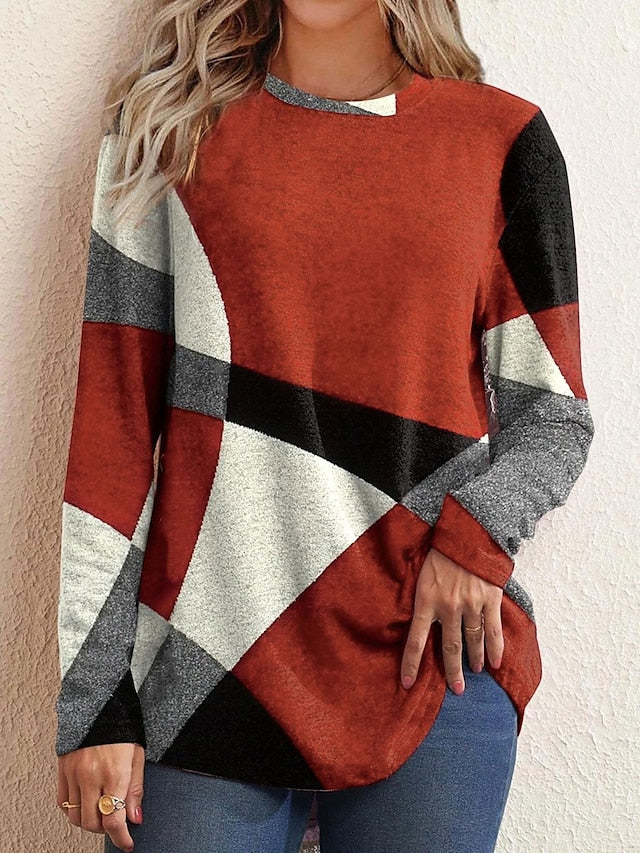 T shirt Tee Color Block Geometic Basic Round Neck Standard Fall Red Blue Purple Green Grey for Women - LuckyFash™