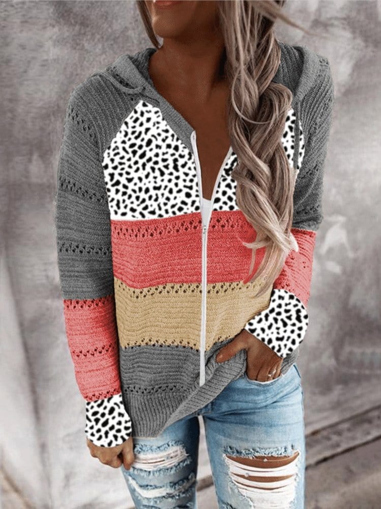 Hoodies Striped Leopard Panel Zip Hooded Sweater for Women