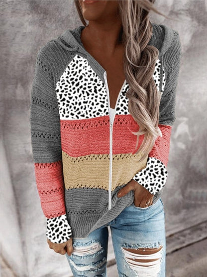 Hoodies Striped Leopard Panel Zip Hooded Sweater for Women