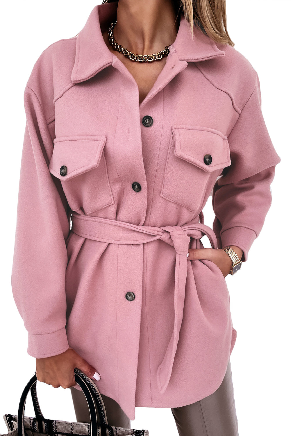 Lapel Button-Down Coat With Chest Pockets - Coats - Sunny Angela