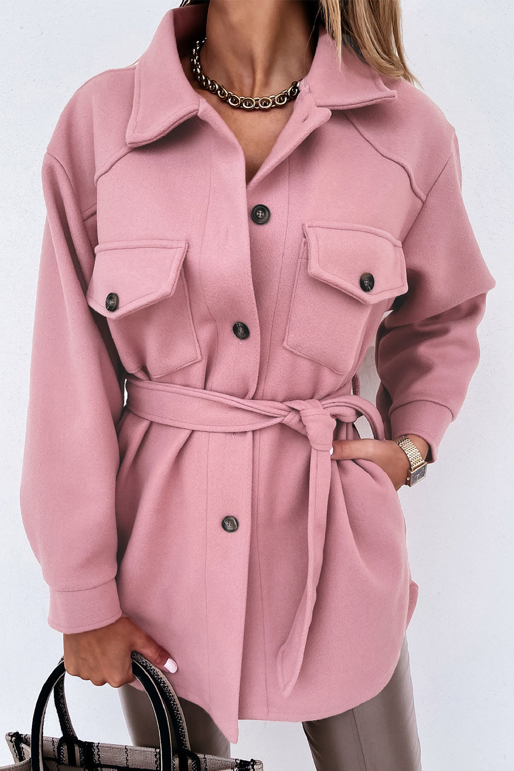 Lapel Button-Down Coat With Chest Pockets - Coats - Sunny Angela