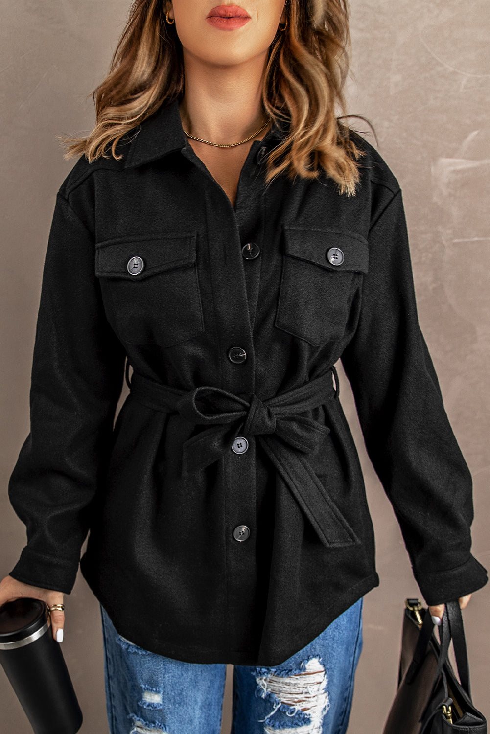 Lapel Button-Down Coat With Chest Pockets - Coats - Sunny Angela