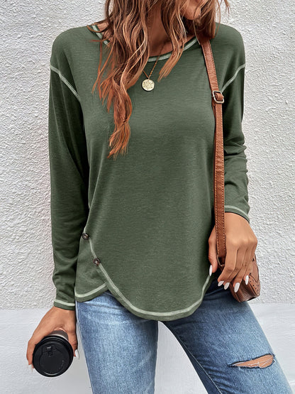 Button Irregular Long Sleeve T-Shirt TSH2212172812AGRES DarkGreen / 2 (S)