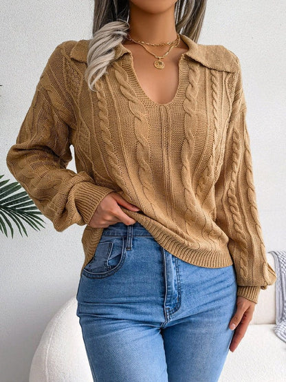 Casual Lapel Twist Long Sleeve Knit Sweater