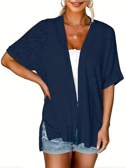 Plus Size Casual Cardigan, Women's Plus Solid Short Sleeve Open Front Slight Stretch Cardigan