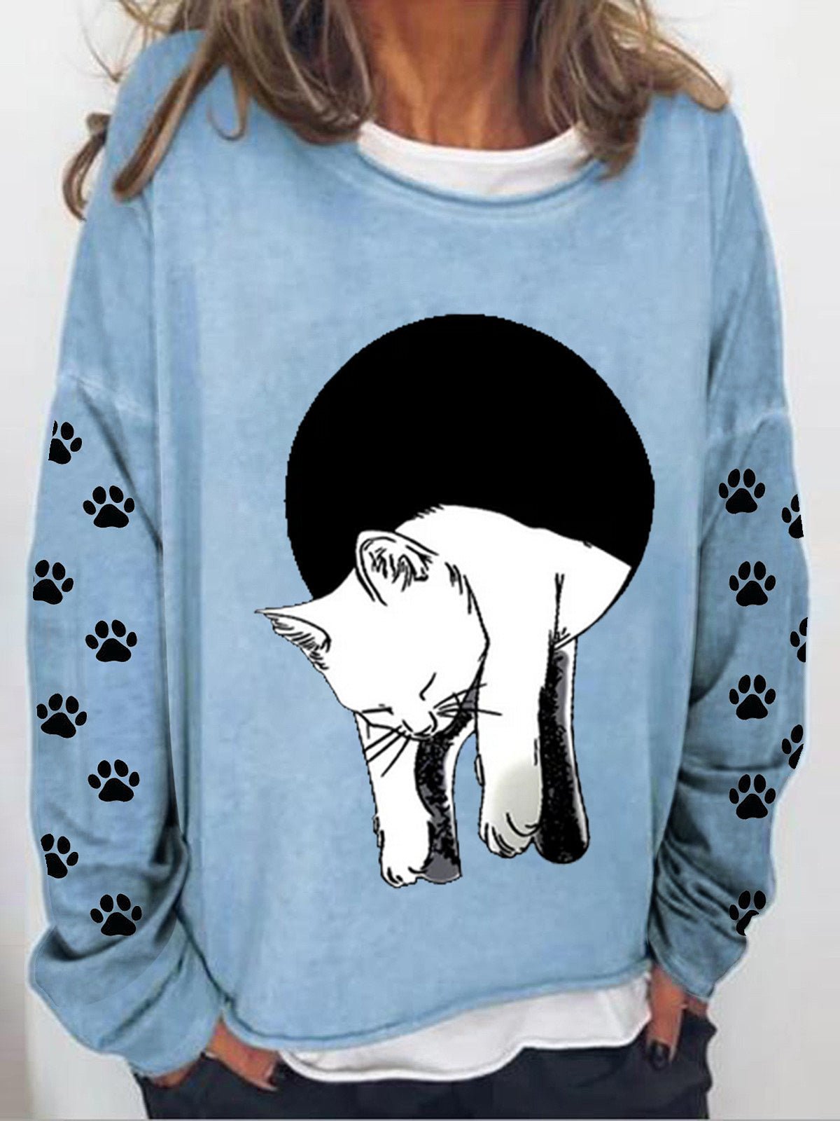 Hoodies - Long Sleeve Cat Printed Sweatshirt - MsDressly