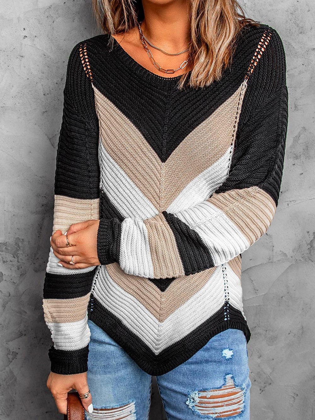 Women's Sweaters Colorblock Long Sleeve Knit Sweater - Sweaters - Instastyled | Online Fashion Free Shipping Clothing, Dresses, Tops, Shoes - 22/08/2022 - 40-50 - cardigans-sweaters