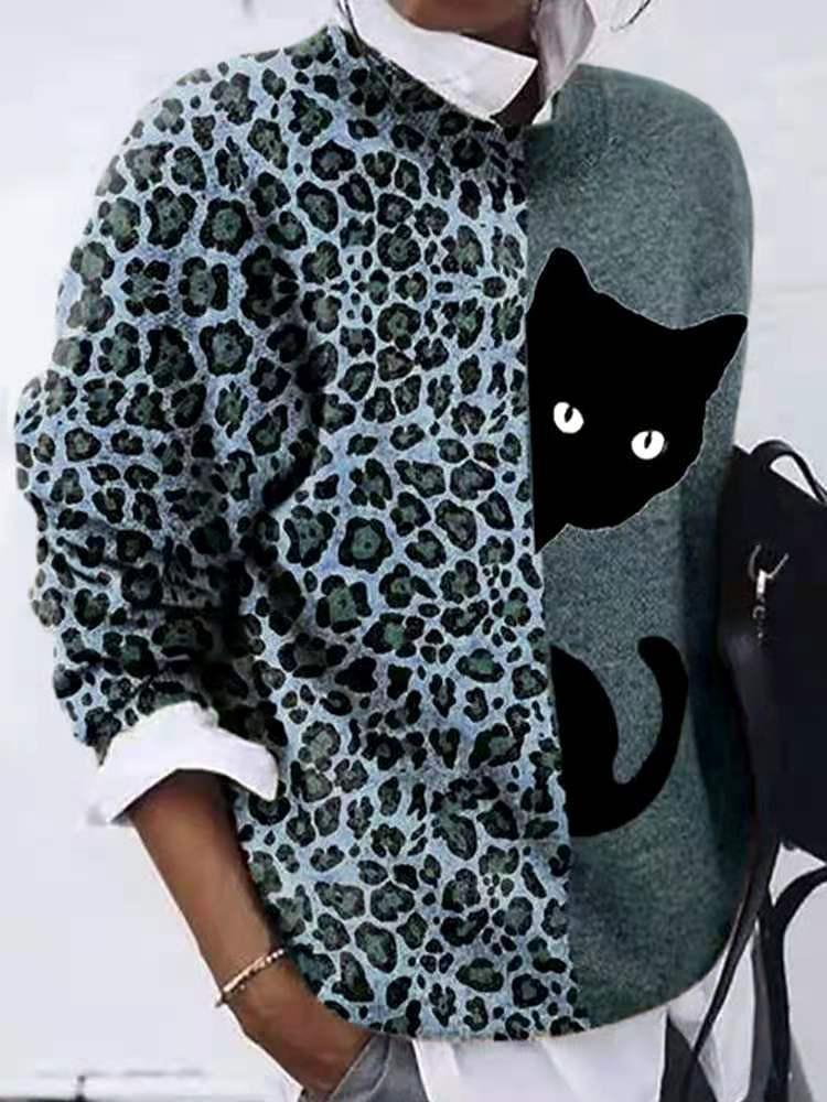 Women's Sweaters Leopard Cat Crew Neck Long Sleeve T-Shirt - Cardigans & Sweaters - INS | Online Fashion Free Shipping Clothing, Dresses, Tops, Shoes - 05/11/2021 - 20-30 - Cardigans & Sweaters