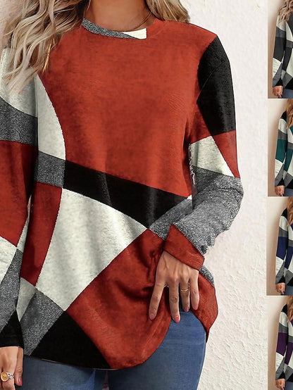 T shirt Tee Color Block Geometic Basic Round Neck Standard Fall Red Blue Purple Green Grey for Women - LuckyFash™